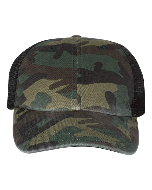 Garment Washed Printed Trucker Cap - Front - B49295540 - Green Camo/ Black