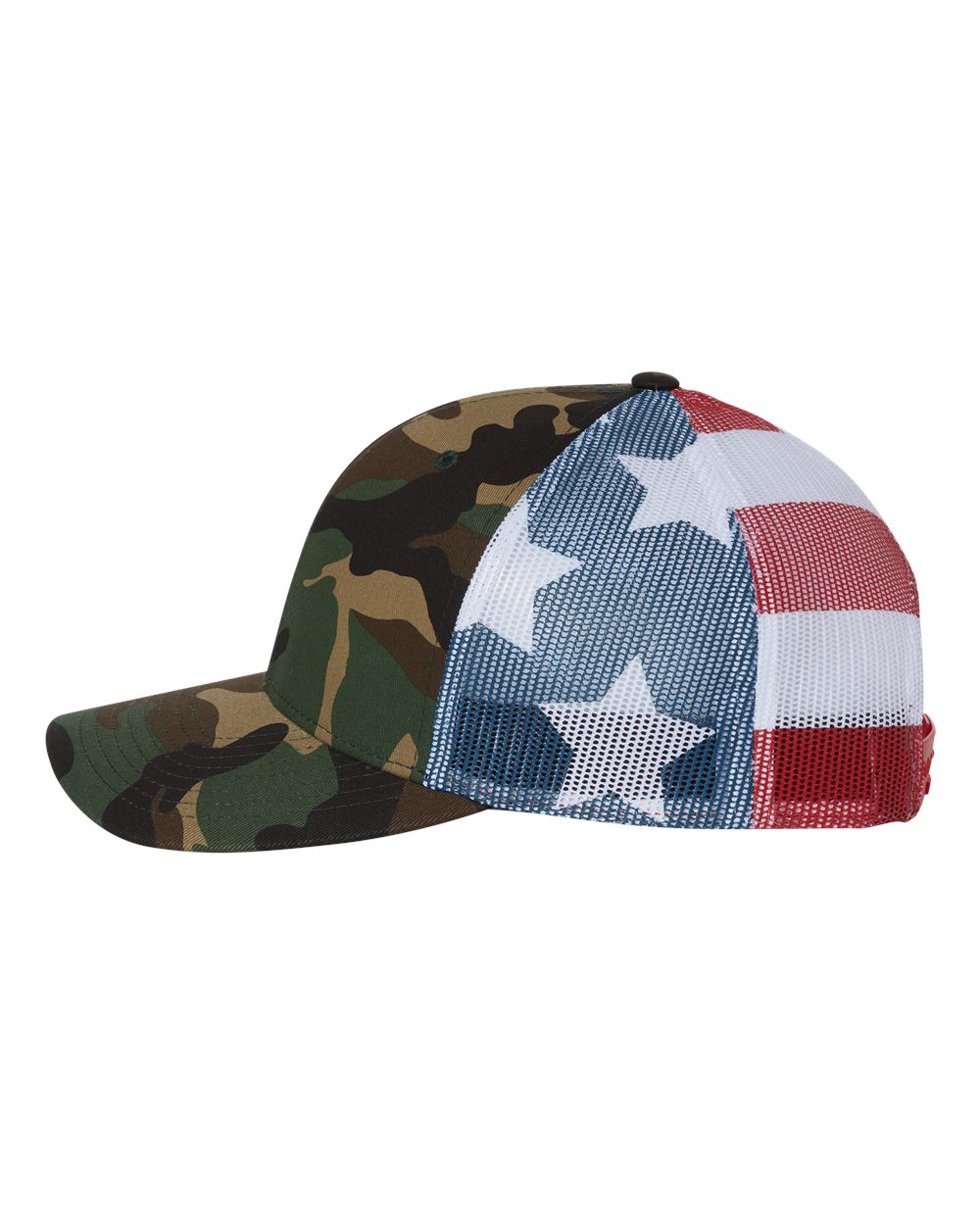 Printed Mesh Trucker Cap - DirectSide - B00595510 - Green Camo/ Stars & Stripes