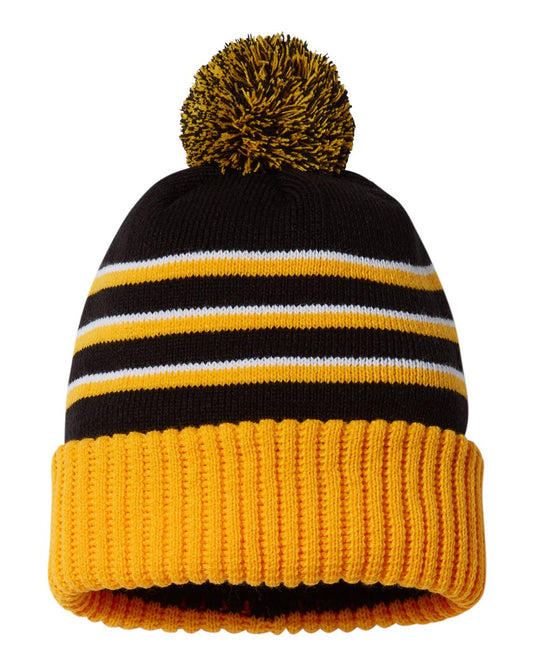 Pom Cuffed Beanie - Front - B54995500 - Black/ Gold/ White