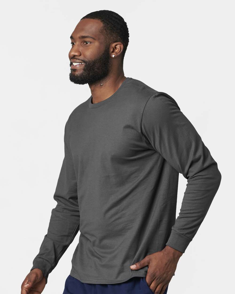 Unisex Combed Ringspun Long Sleeve T-Shirt - OnModelSide - B01111583 - Charcoal Grey