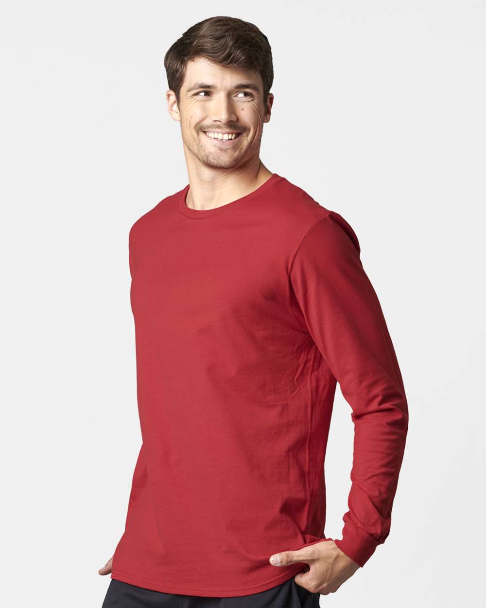 Unisex Combed Ringspun Long Sleeve T-Shirt - OnModelSide - B01111703 - True Red