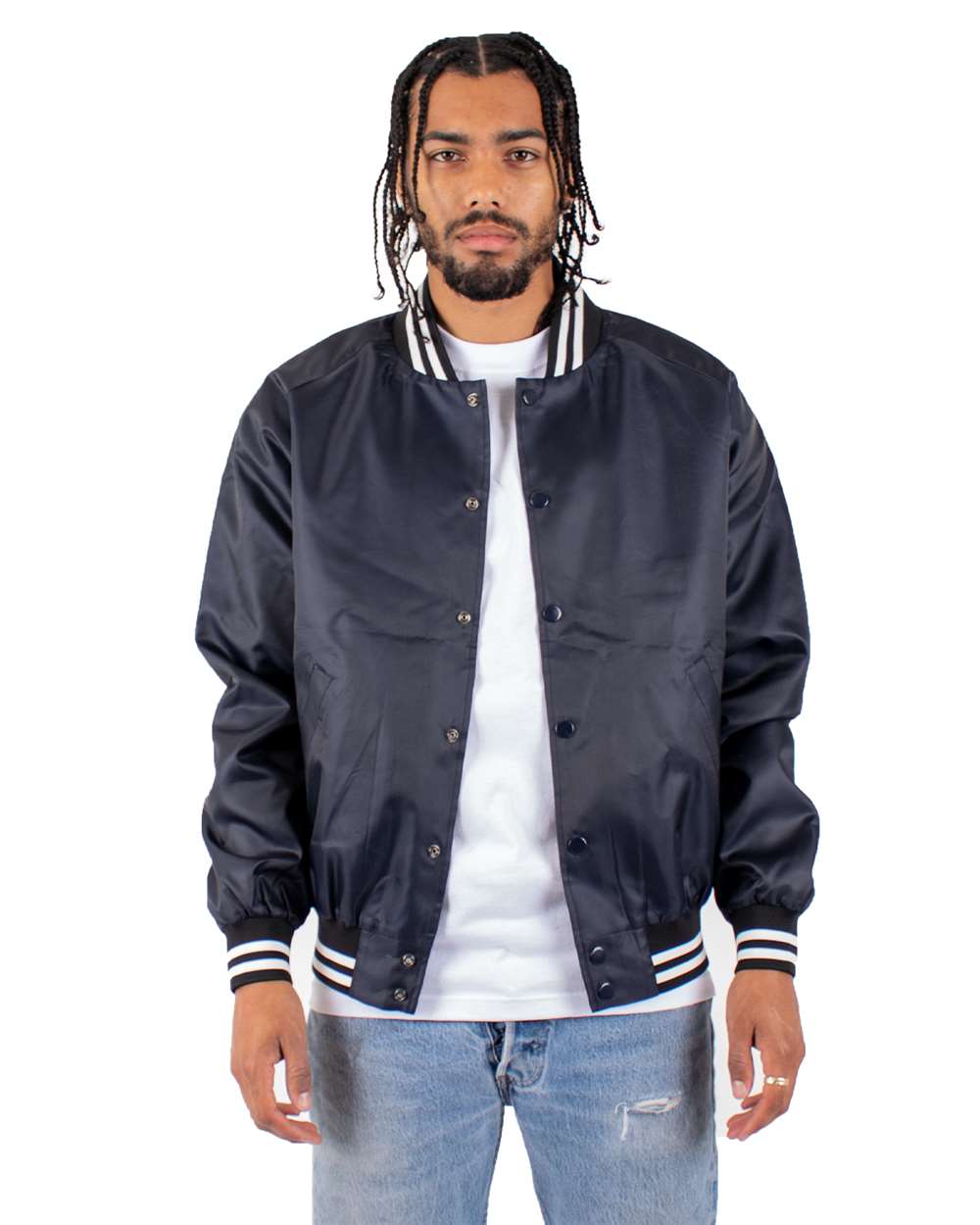 Men's Varsity Bomber Jacket - OnModelFront - B300C2653 - Navy