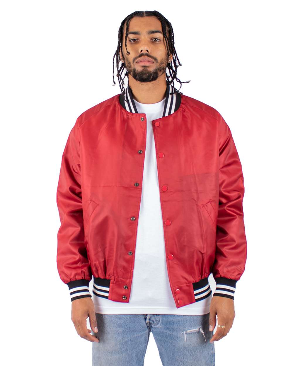 Men's Varsity Bomber Jacket - OnModelFront - B300C2703 - Red