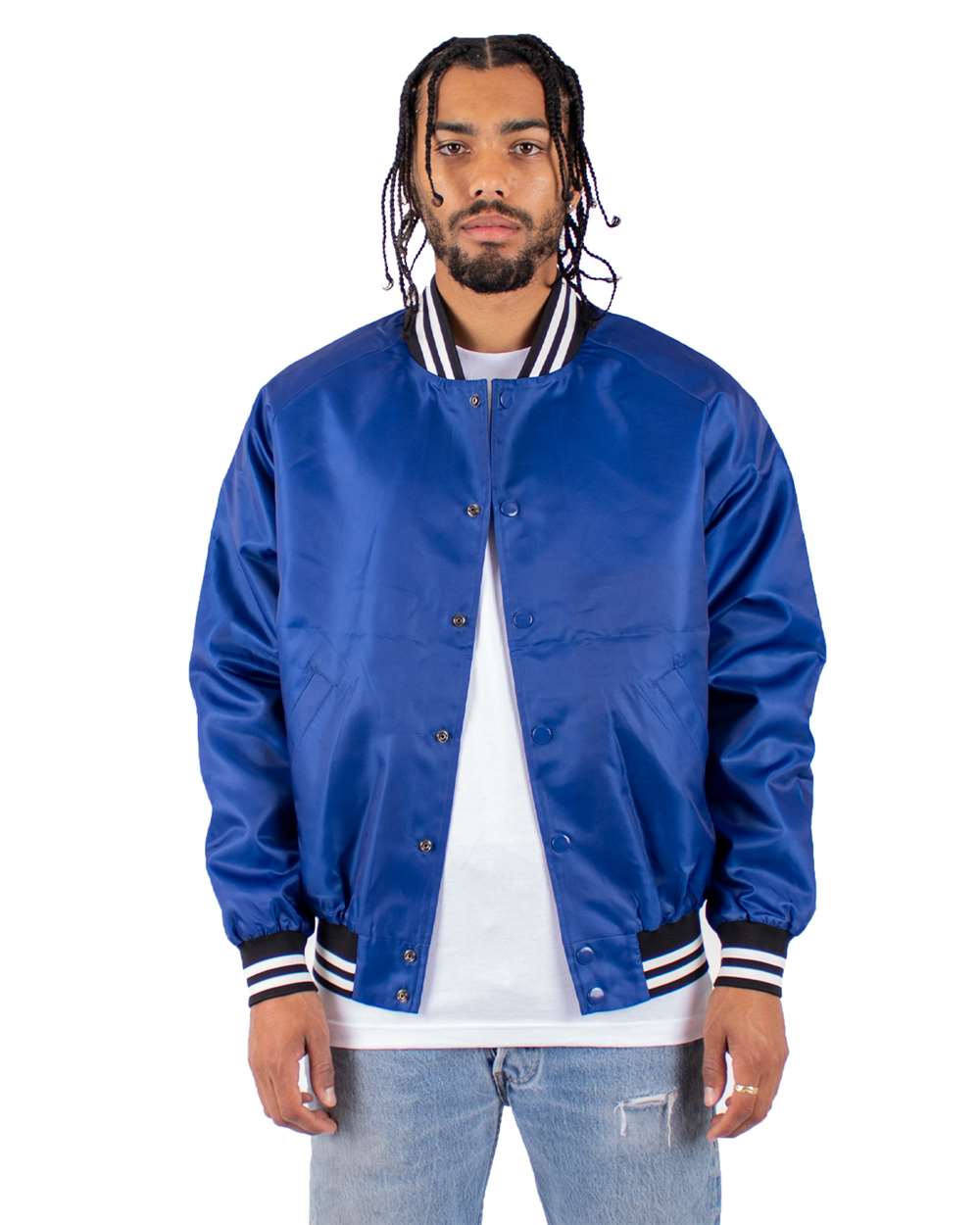 Men's Varsity Bomber Jacket - OnModelFront - B300C2753 - Royal