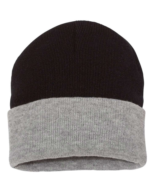 12" Color Blocked Cuffed Beanie - Front - B12195900 - Black/ Heather