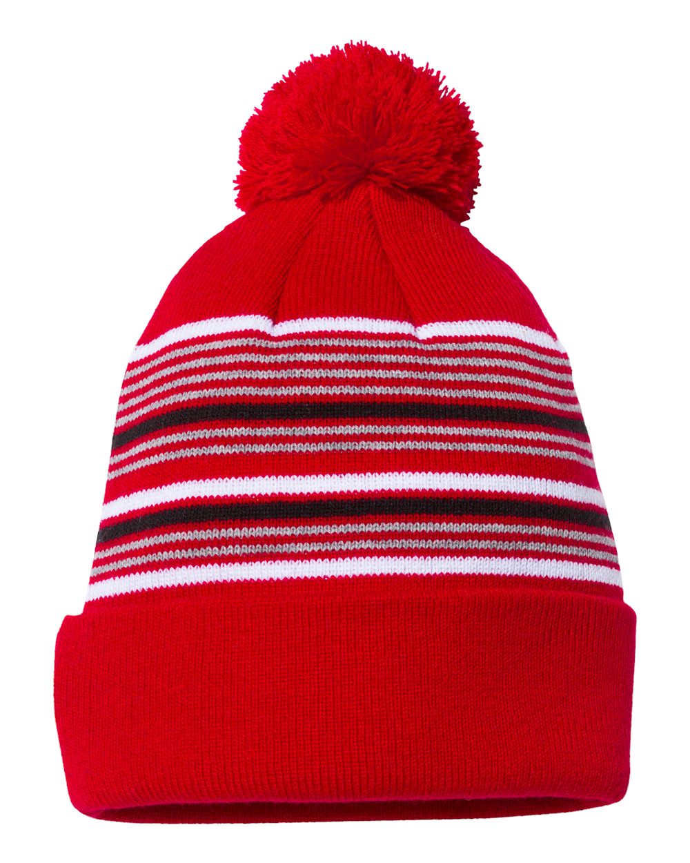 12" Striped Pom-Pom Cuffed Beanie - Back - B50595710 - Red/ White/ Grey/ Black