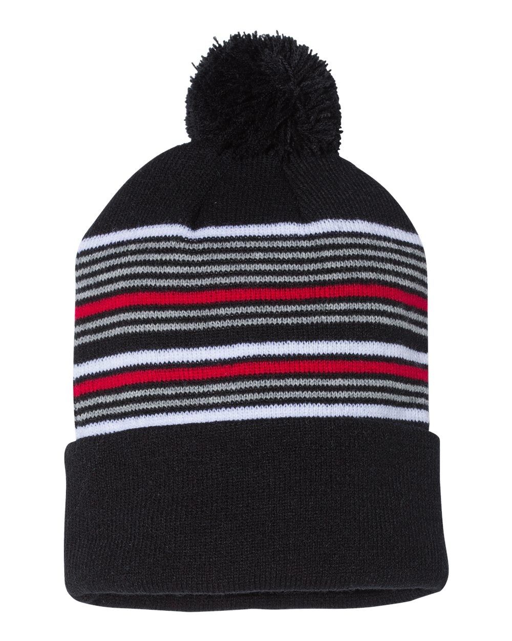 12" Striped Pom-Pom Cuffed Beanie - Front - B50595510 - Black/ White/ Grey/ Red