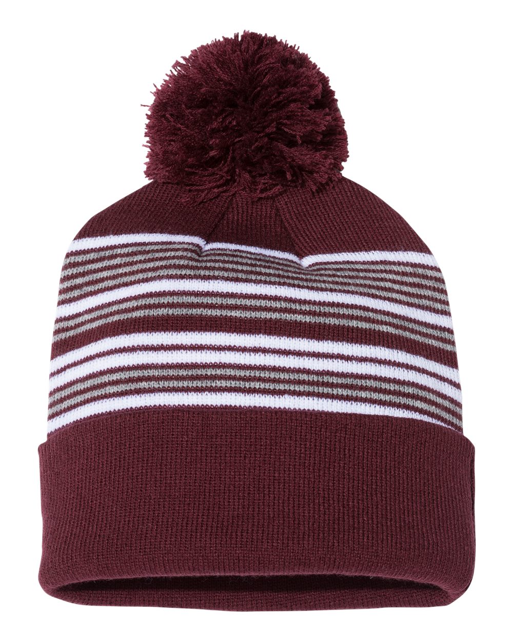 12" Striped Pom-Pom Cuffed Beanie - Front - B50595540 - Maroon/ White/ Grey