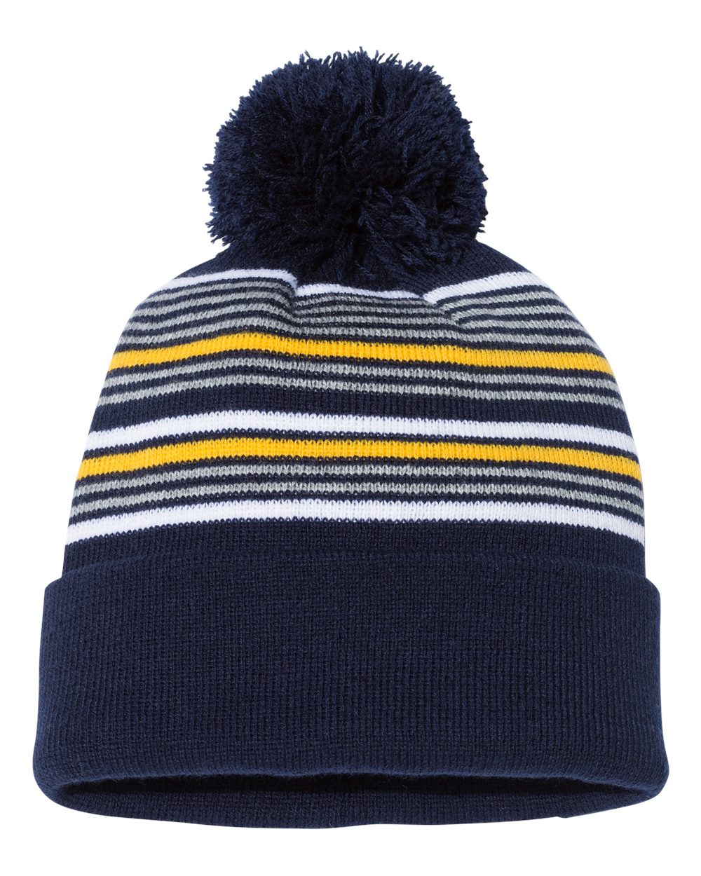 12" Striped Pom-Pom Cuffed Beanie - Front - B50595650 - Navy/ White/ Grey/ Gold