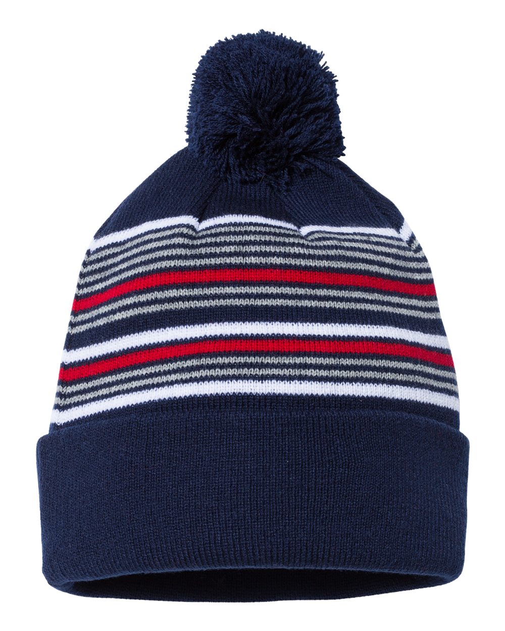12" Striped Pom-Pom Cuffed Beanie - Front - B50595660 - Navy/ White/ Grey/ Red
