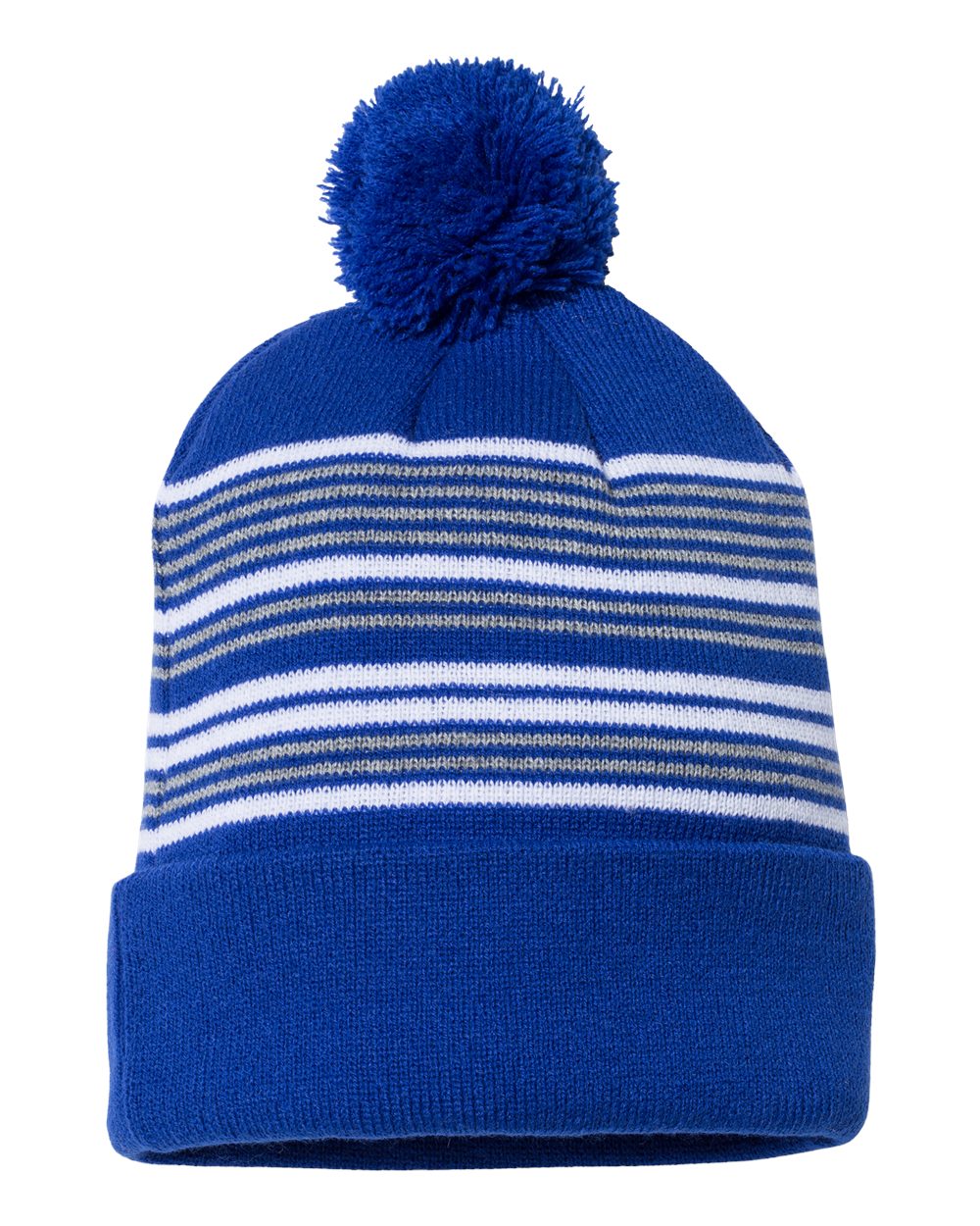 12" Striped Pom-Pom Cuffed Beanie - Front - B50595760 - Royal/ White/ Grey