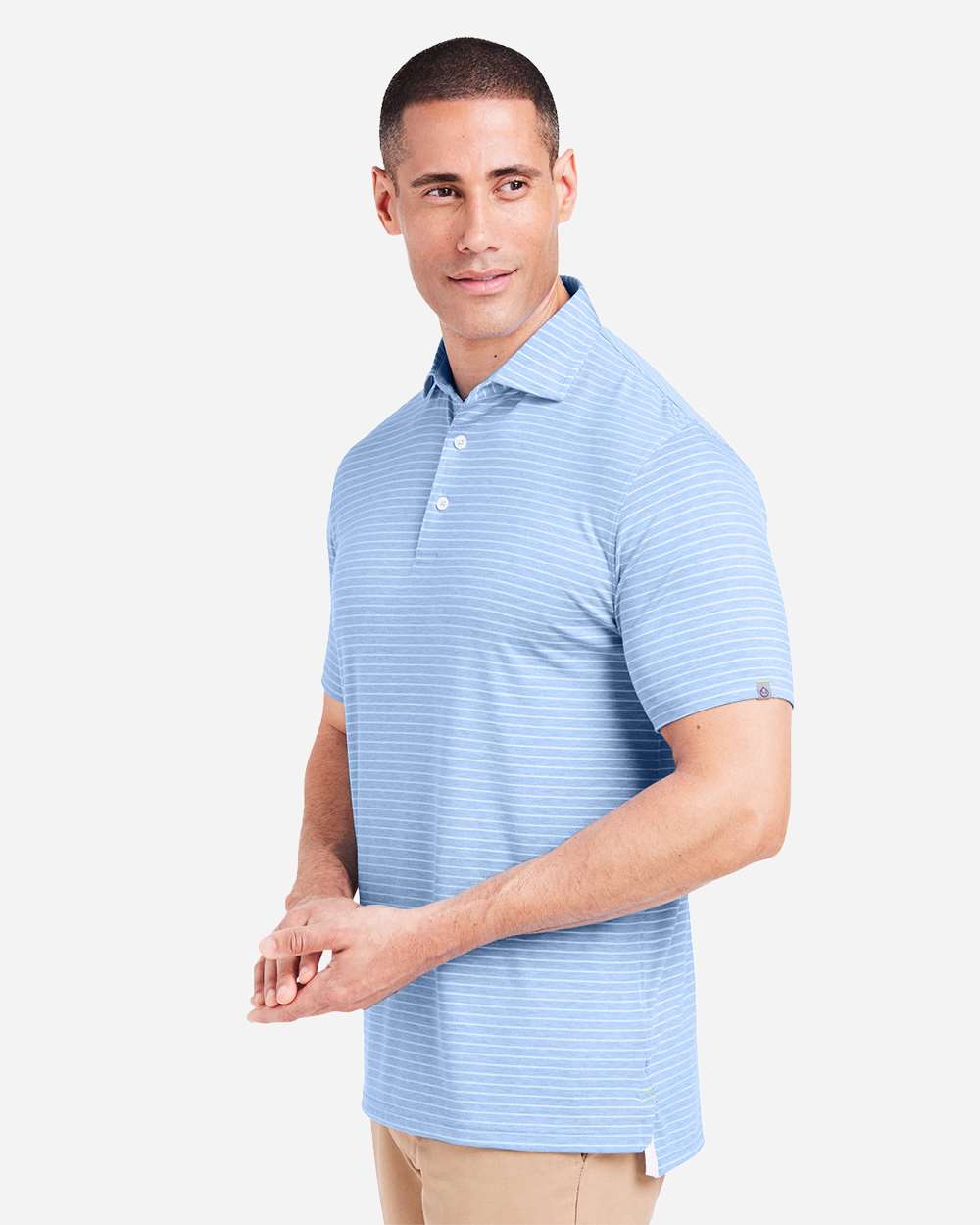 Men's Cloud Lightweight Polo Brookline Stripe - OnModelSide - B654D8253 - Polar Heather/ White