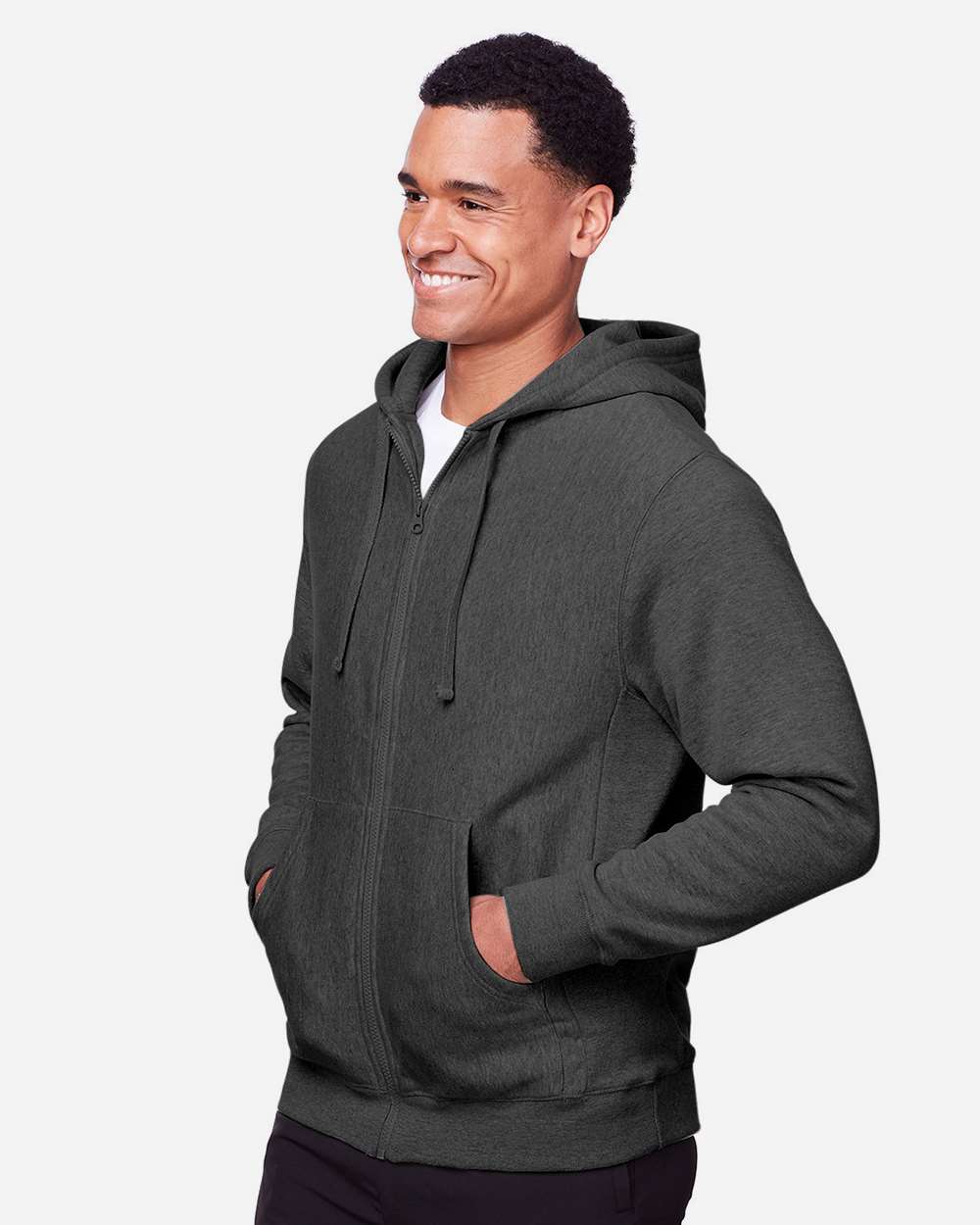 Unisex Zone HydroSport™ Heavyweight Full-Zip Hooded Sweatshirt - OnModelSide - B758D9022 - Dark Grey Heather