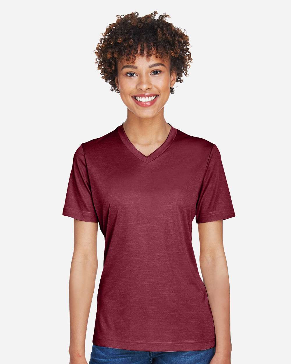 Women's Sonic Heather Performance T-Shirt - OnModelFront - B673D9532 - Sport Maroon Heather