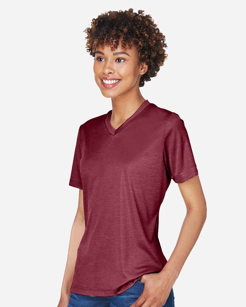 Women's Sonic Heather Performance T-Shirt - OnModelSide - B673D9532 - Sport Maroon Heather