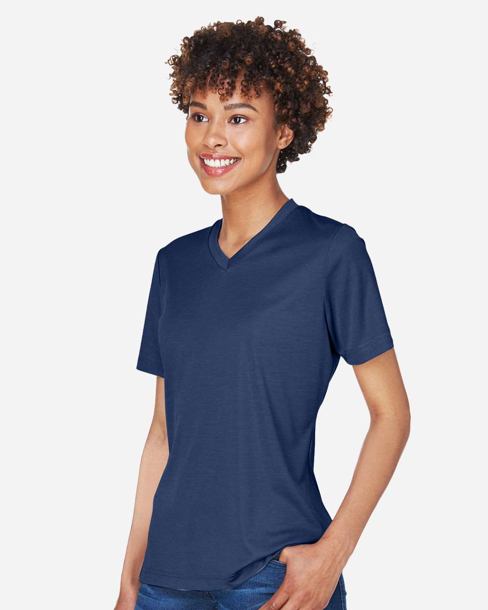 Women's Sonic Heather Performance T-Shirt - OnModelSide - B673D9652 - Sport Dark Navy Heather