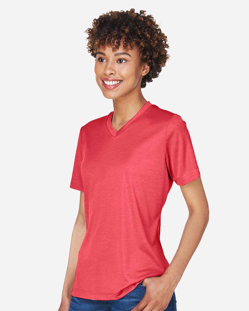 Women's Sonic Heather Performance T-Shirt - OnModelSide - B673D9702 - Sport Red Heather