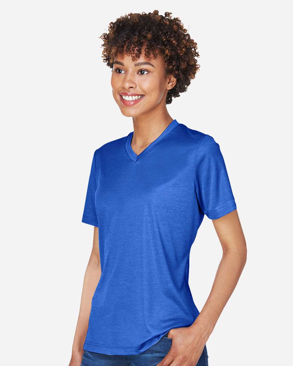 Women's Sonic Heather Performance T-Shirt - OnModelSide - B673D9752 - Sport Royal Heather