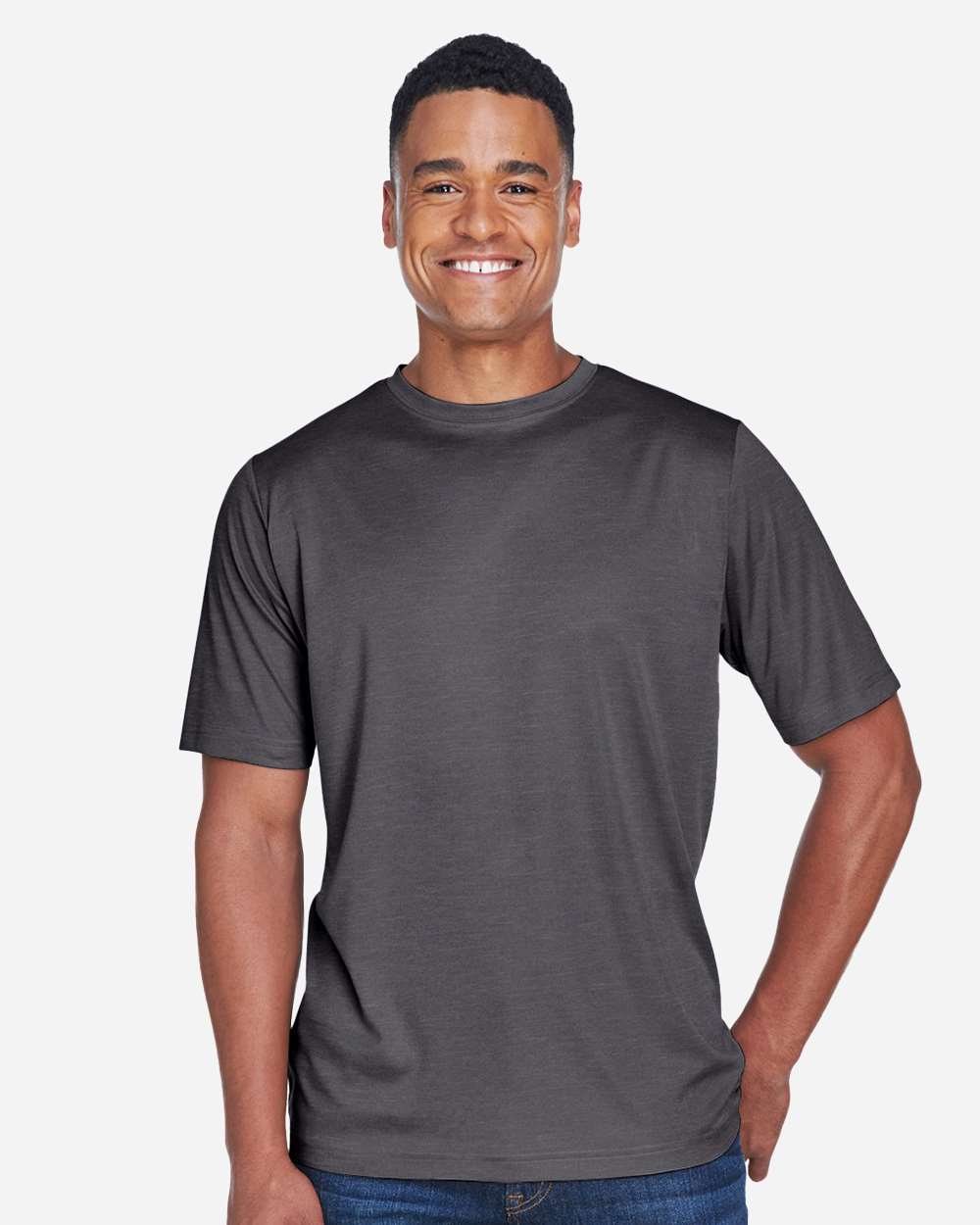 Men's Sonic Heather Performance T-Shirt - OnModelFront - B672D9022 - Dark Grey Heather