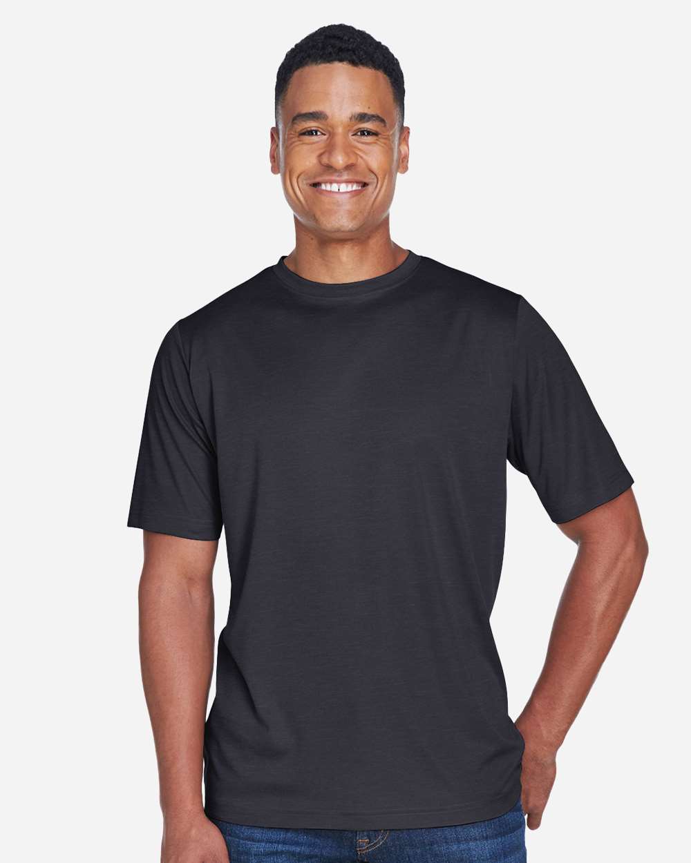 Men's Sonic Heather Performance T-Shirt - OnModelFront - B672D9502 - Black Heather