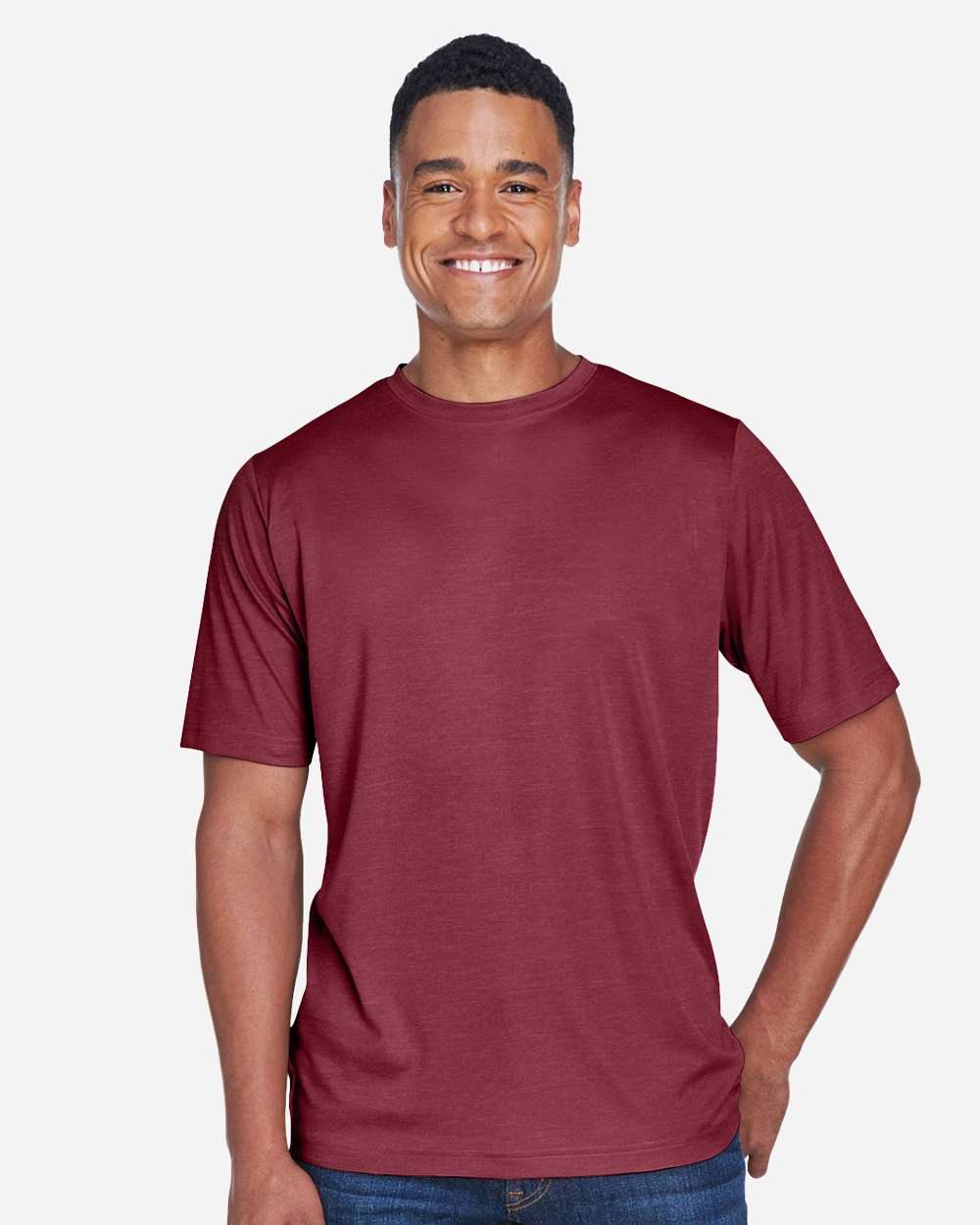 Men's Sonic Heather Performance T-Shirt - OnModelFront - B672D9532 - Sport Maroon Heather