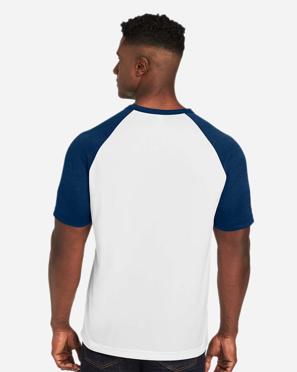 Unisex Zone Colorblock Raglan T-Shirt - OnModelBack - B725D9112 - White/ Sport Dark Navy Heather