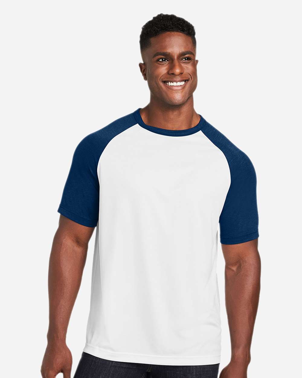 Unisex Zone Colorblock Raglan T-Shirt - OnModelFront - B725D9112 - White/ Sport Dark Navy Heather
