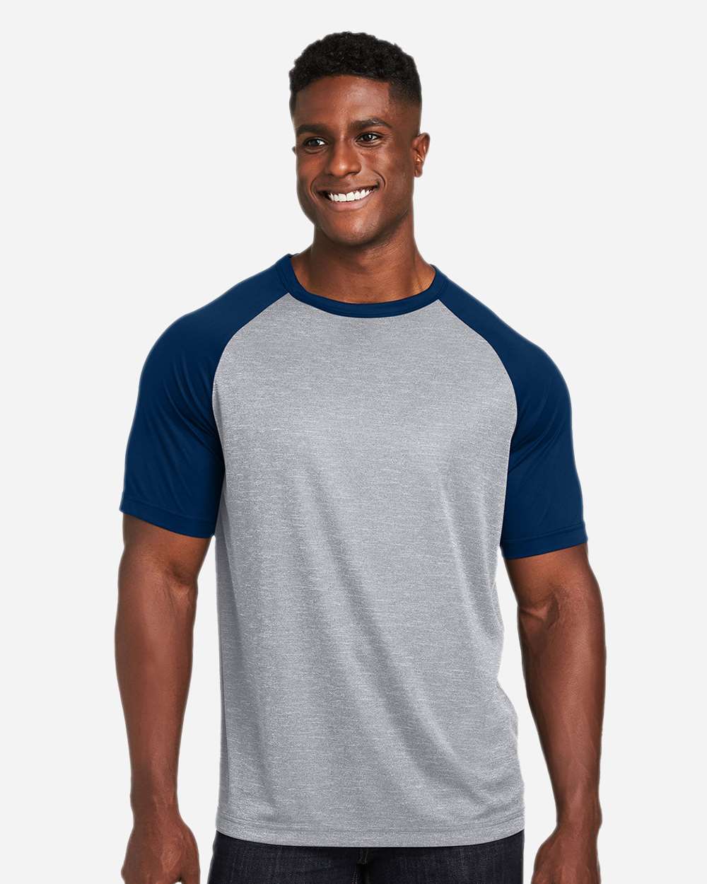 Unisex Zone Colorblock Raglan T-Shirt - OnModelFront - B725D9652 - Athletic Heather/ Sport Dark Navy