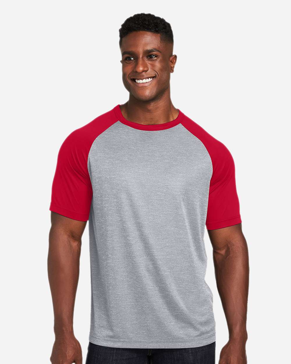 Unisex Zone Colorblock Raglan T-Shirt - OnModelFront - B725D9702 - Athletic Heather/ Sport Red