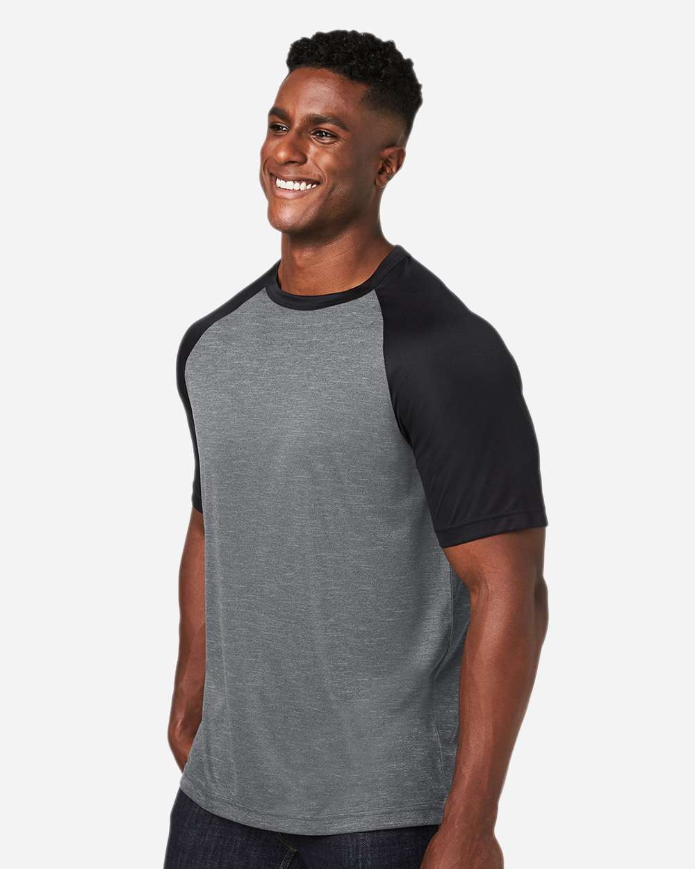 Unisex Zone Colorblock Raglan T-Shirt - OnModelSide - B725D9022 - Dark Grey Heather/ Black