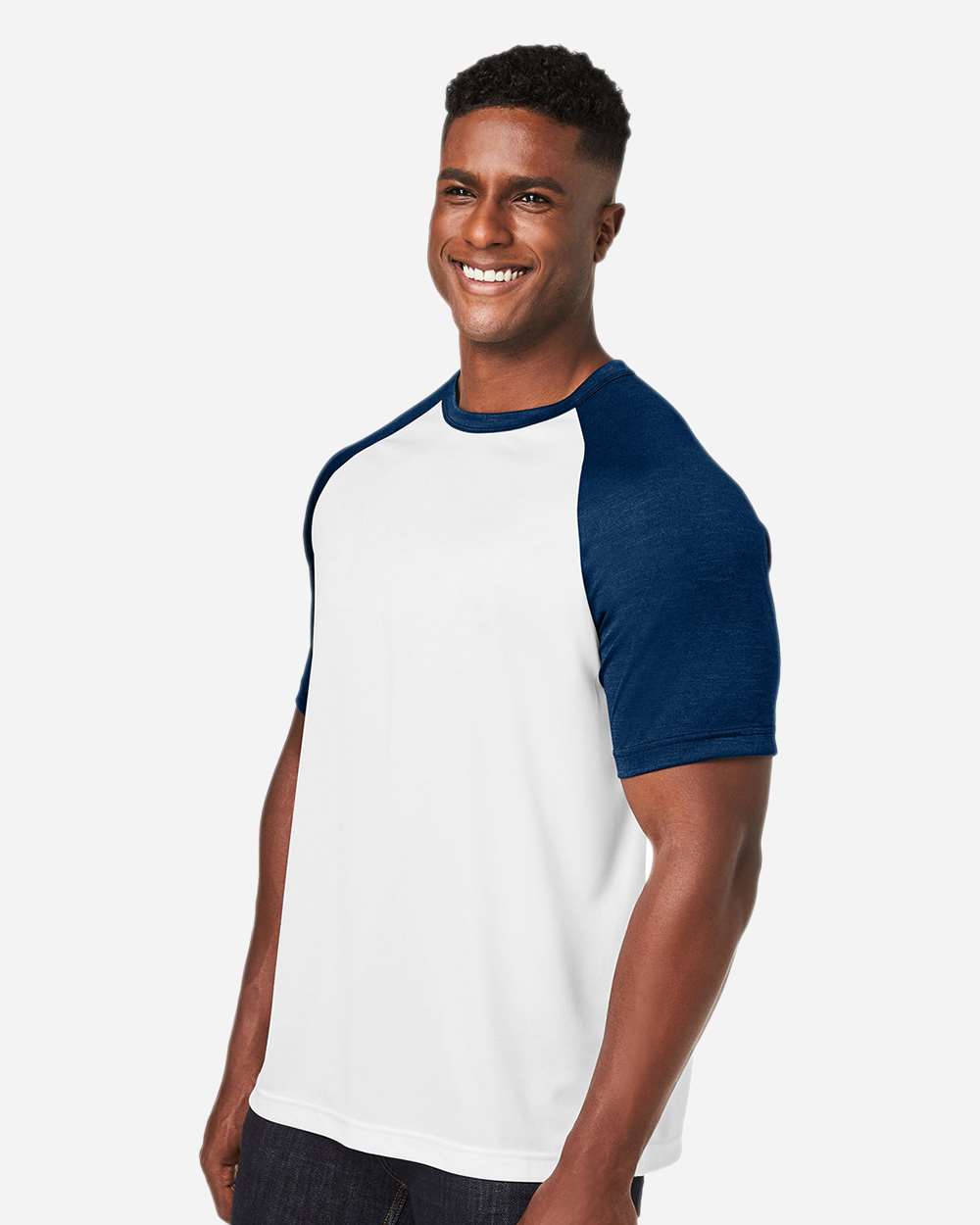Unisex Zone Colorblock Raglan T-Shirt - OnModelSide - B725D9112 - White/ Sport Dark Navy Heather