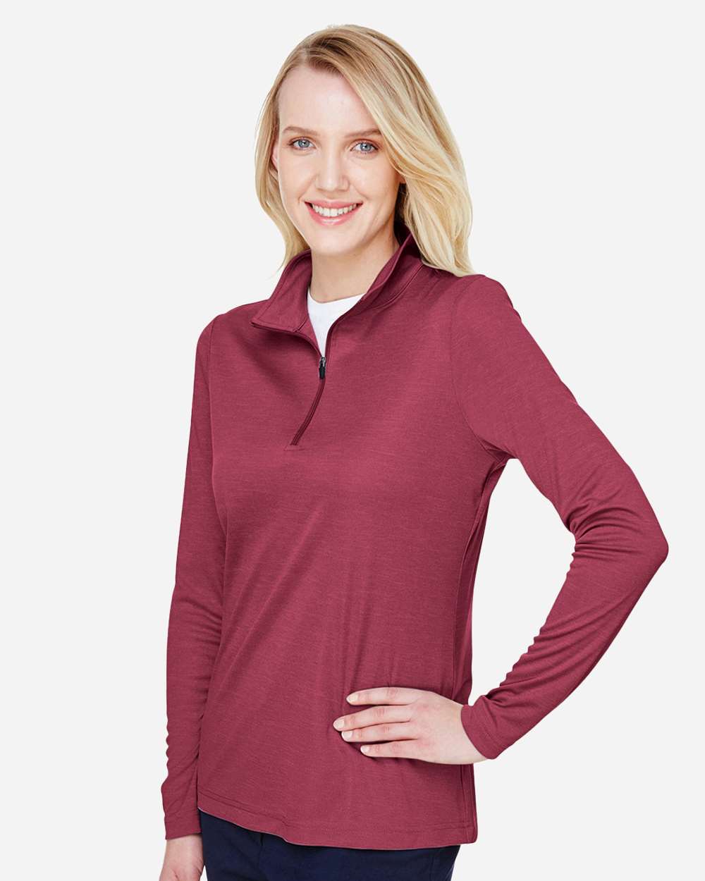 Women's Zone Sonic Heather Performance Quarter-Zip Pullover - OnModelSide - B702D9532 - Sport Maroon Heather