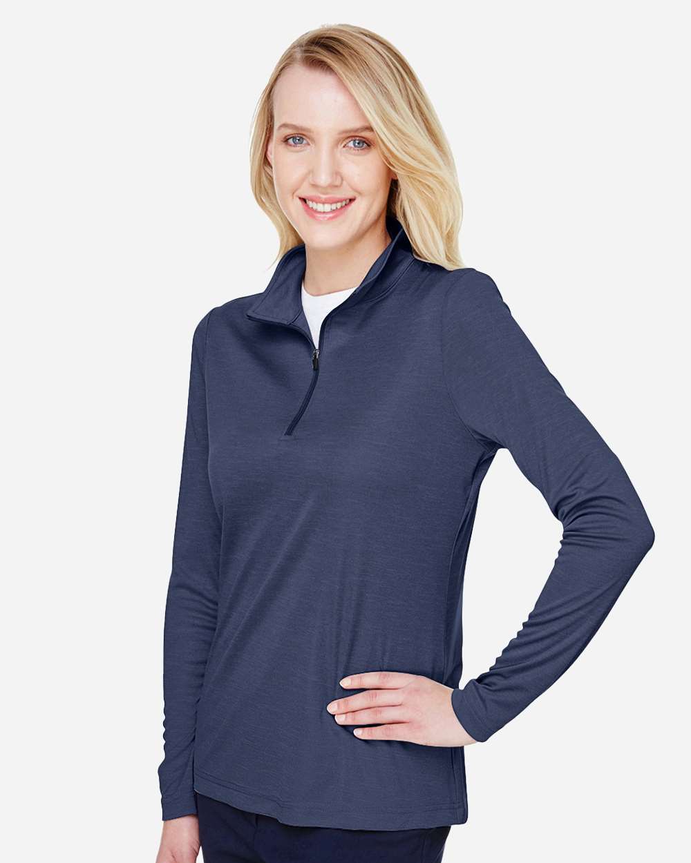 Women's Zone Sonic Heather Performance Quarter-Zip Pullover - OnModelSide - B702D9652 - Sport Dark Navy Heather
