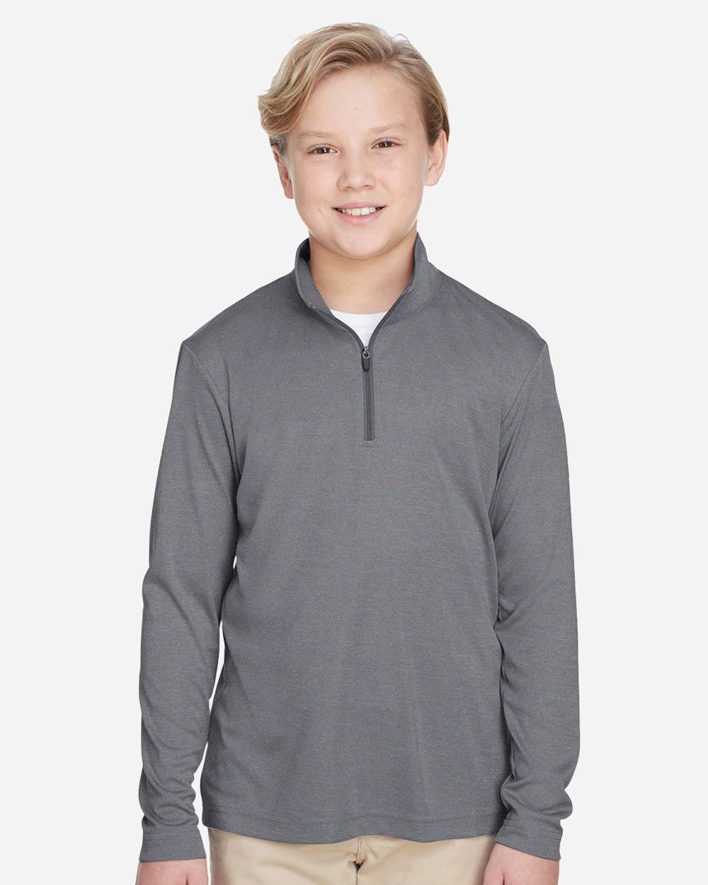 Youth Zone Sonic Heather Performance Quarter-Zip Pullolver - OnModelFront - B703D9023 - Dark Grey Heather