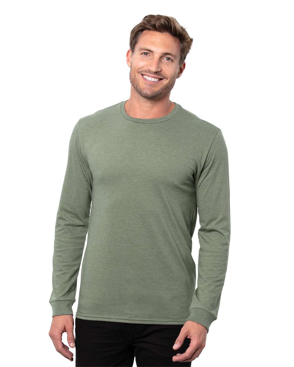 Unisex Epic CVC Long Sleeve T-Shirt - OnModelFront - B818E0542 - Heather Military Green