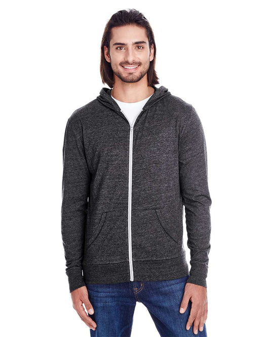Unisex Triblend Full-Zip Lightweight Hooded Sweatshirt - OnModelFront - B787E0502 - Black Triblend