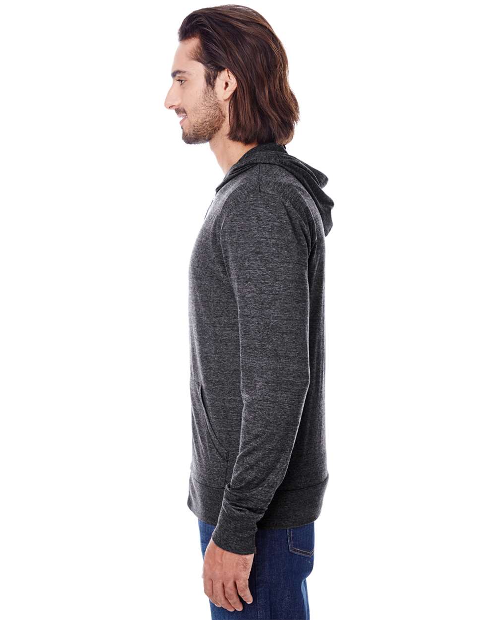 Unisex Triblend Full-Zip Lightweight Hooded Sweatshirt - OnModelSide - B787E0502 - Black Triblend