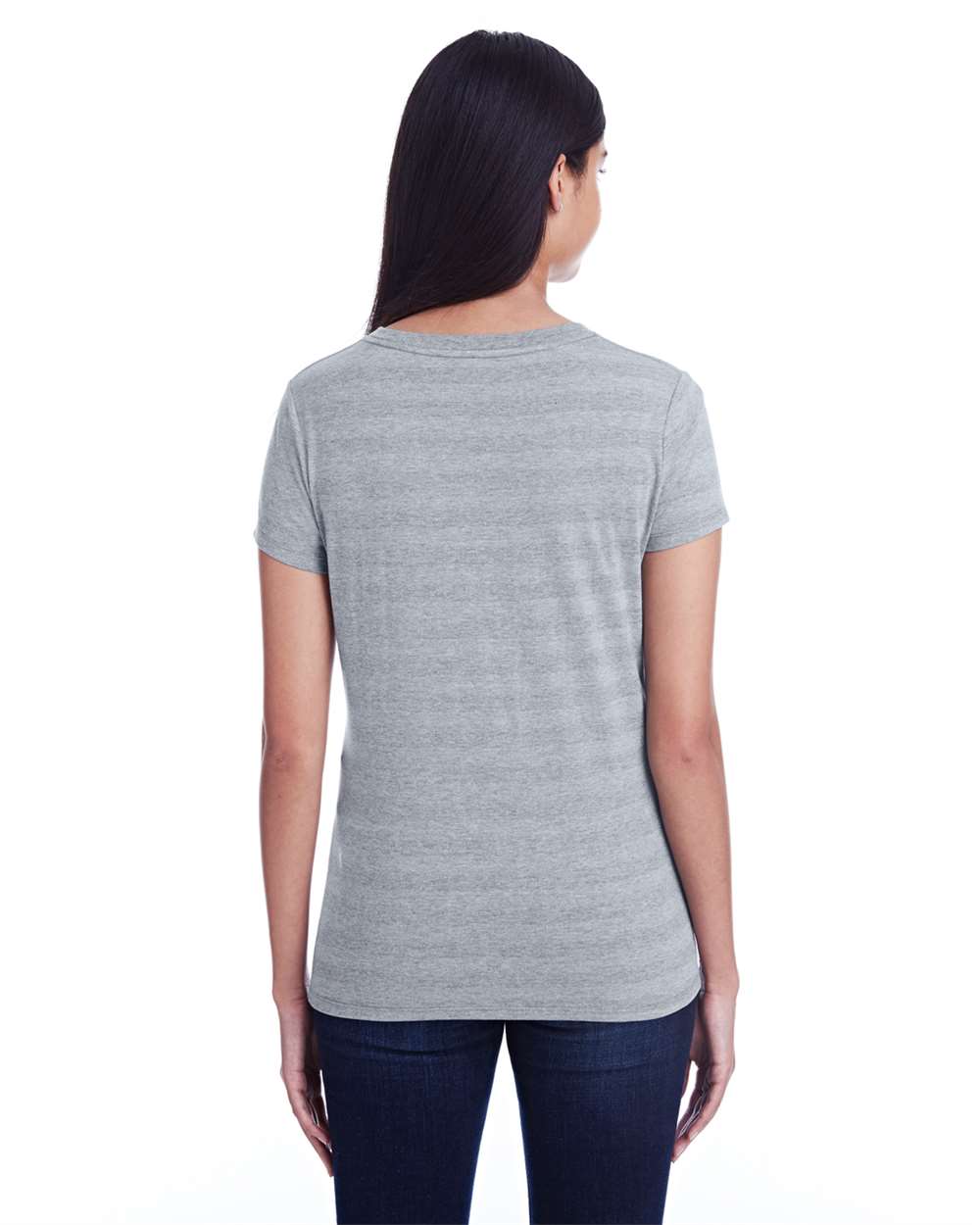 Women's Invisible Stripe V-Neck T-Shirt - OnModelBack - B784E0093 - Heather Grey Invisible Stripe