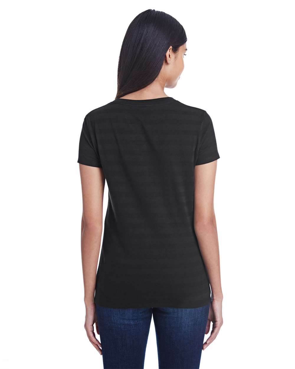 Women's Invisible Stripe V-Neck T-Shirt - OnModelBack - B784E0503 - Black Invisible Stripe