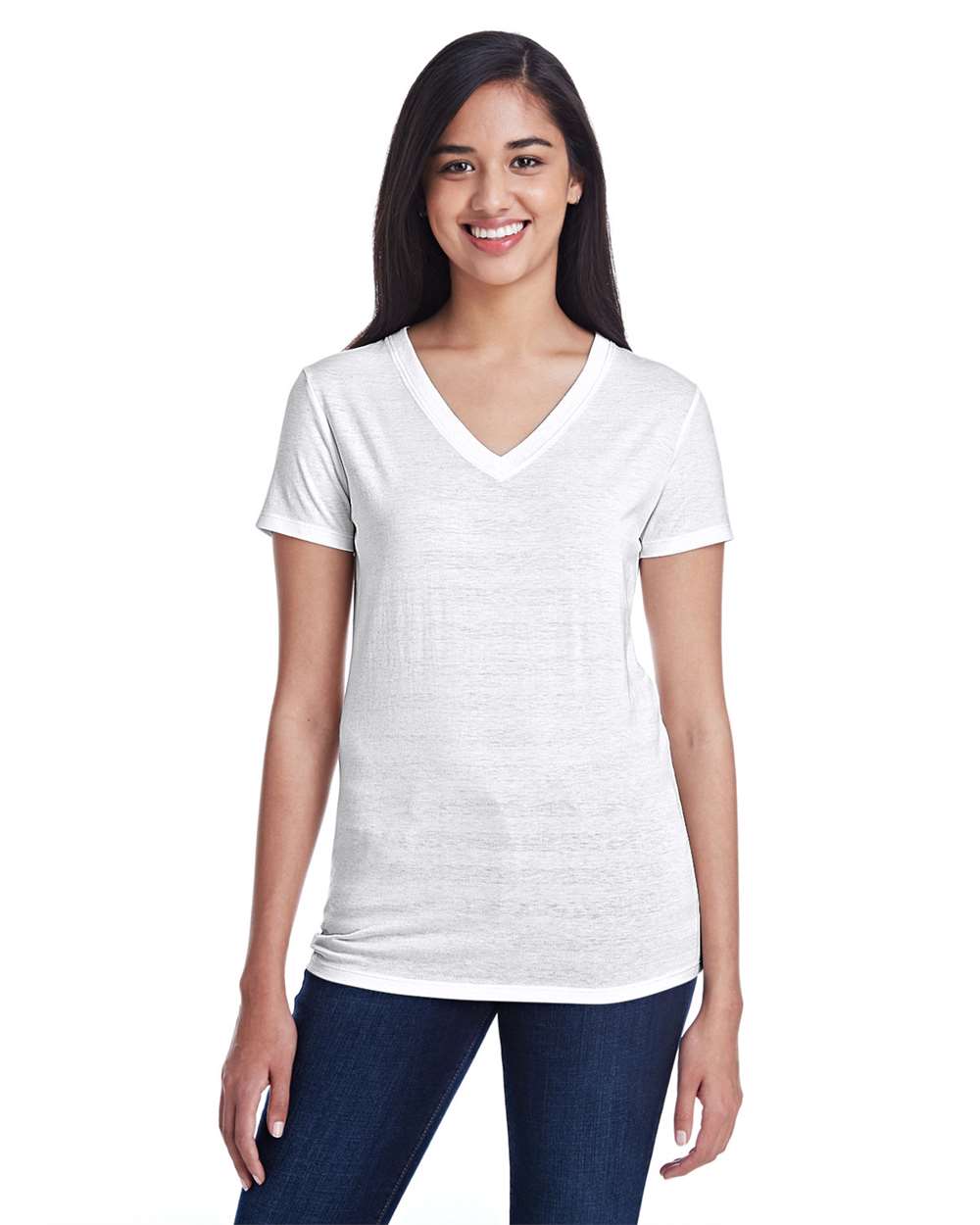 Women's Invisible Stripe V-Neck T-Shirt - OnModelFront - B784E0005 - White Invisible Stripe