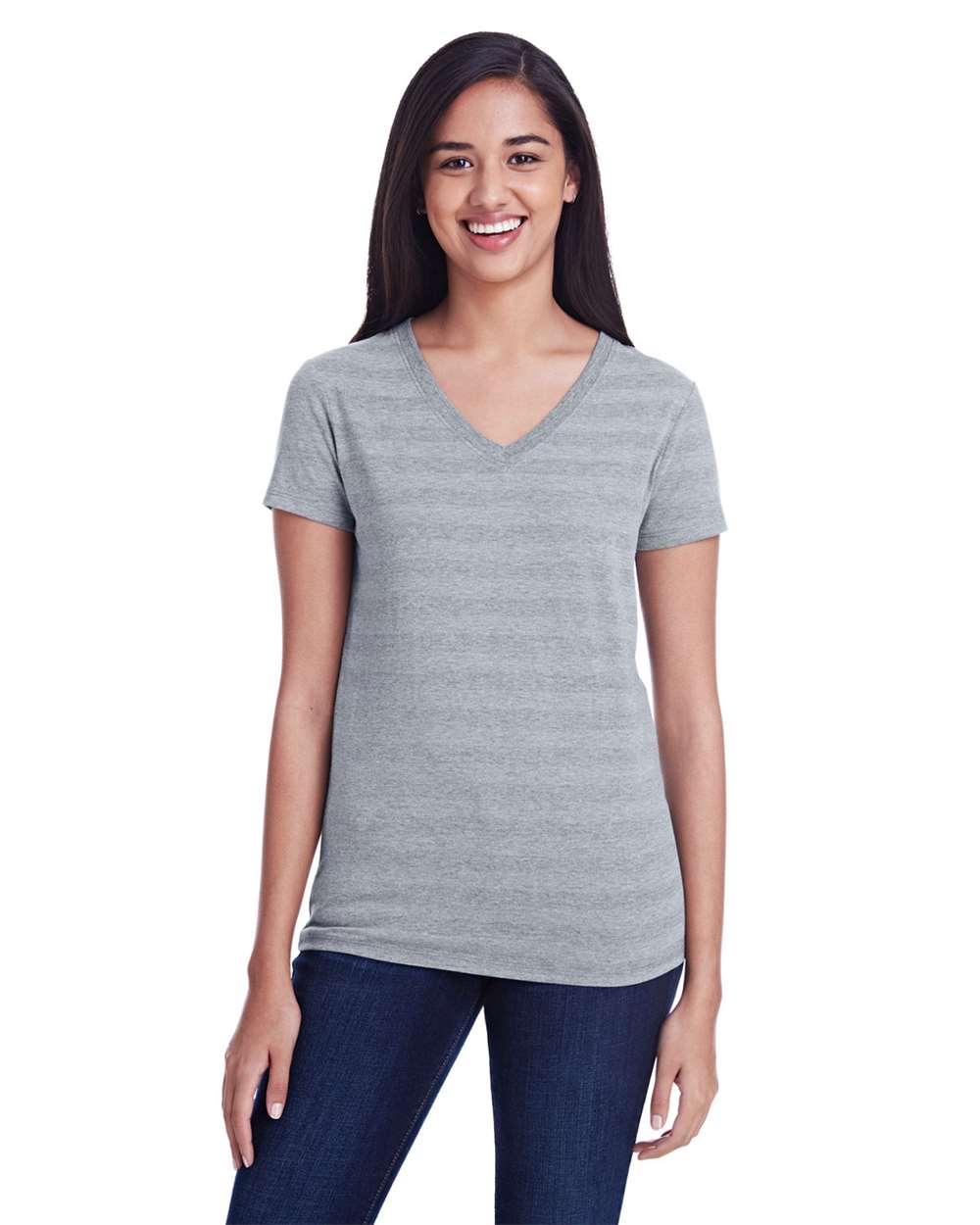 Women's Invisible Stripe V-Neck T-Shirt - OnModelFront - B784E0093 - Heather Grey Invisible Stripe