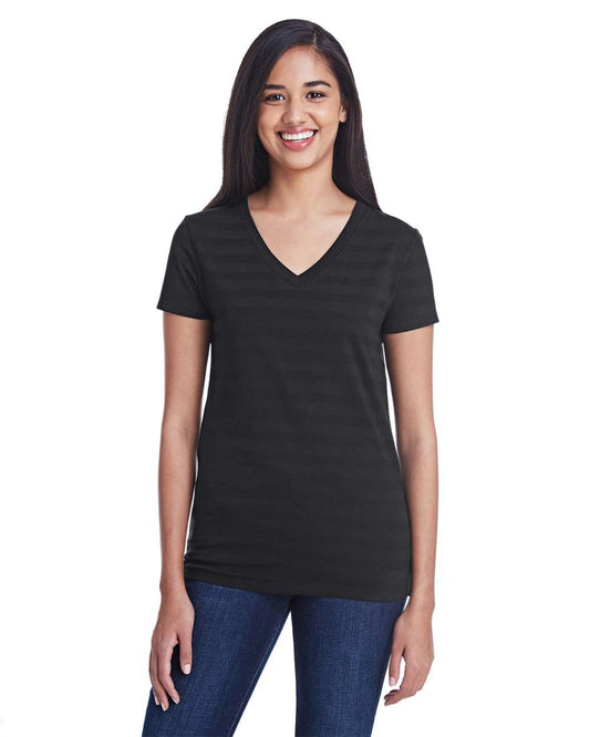 Women's Invisible Stripe V-Neck T-Shirt - OnModelFront - B784E0503 - Black Invisible Stripe