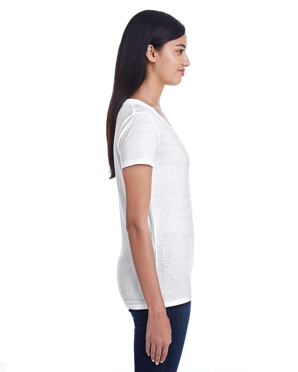 Women's Invisible Stripe V-Neck T-Shirt - OnModelSide - B784E0005 - White Invisible Stripe