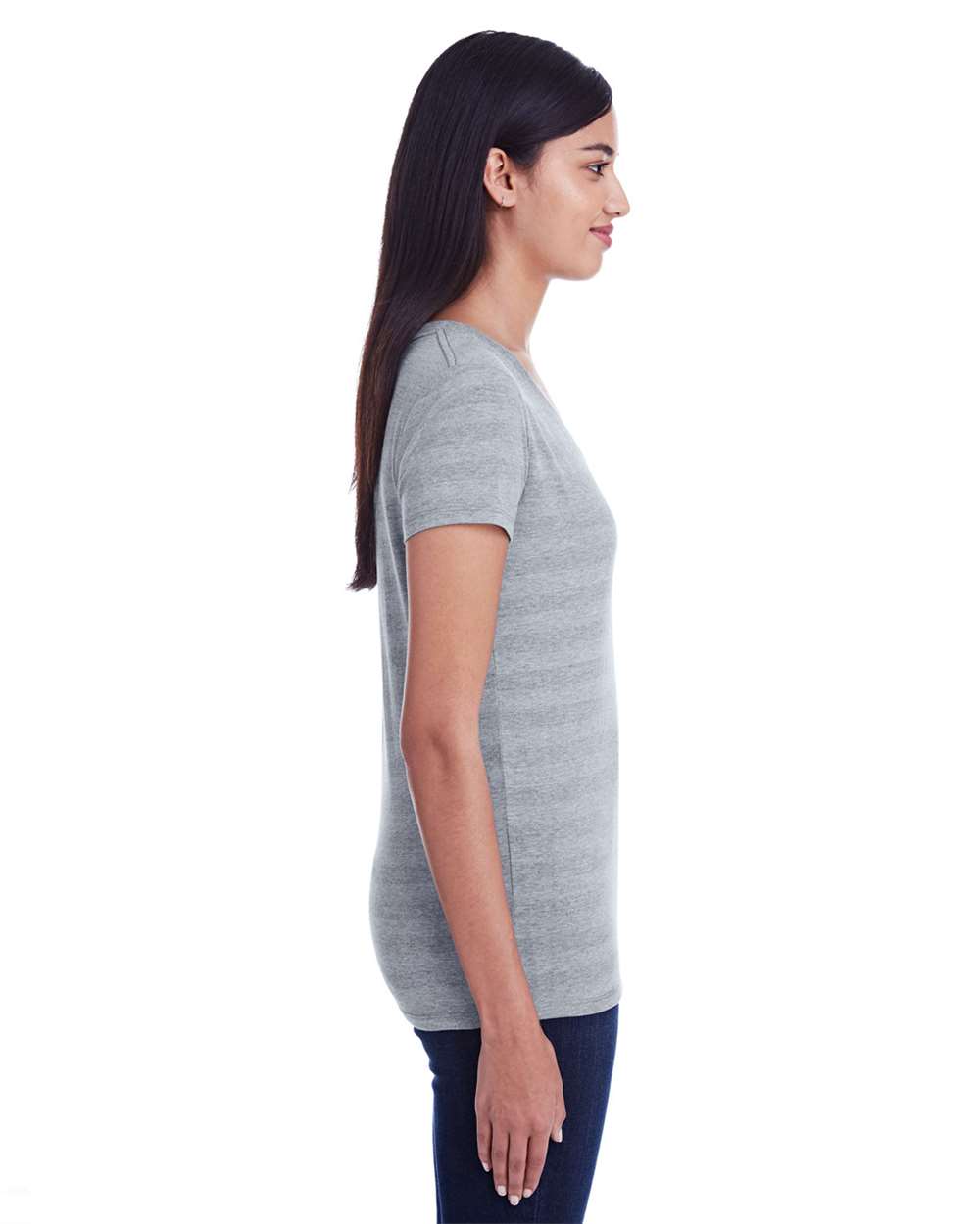 Women's Invisible Stripe V-Neck T-Shirt - OnModelSide - B784E0093 - Heather Grey Invisible Stripe