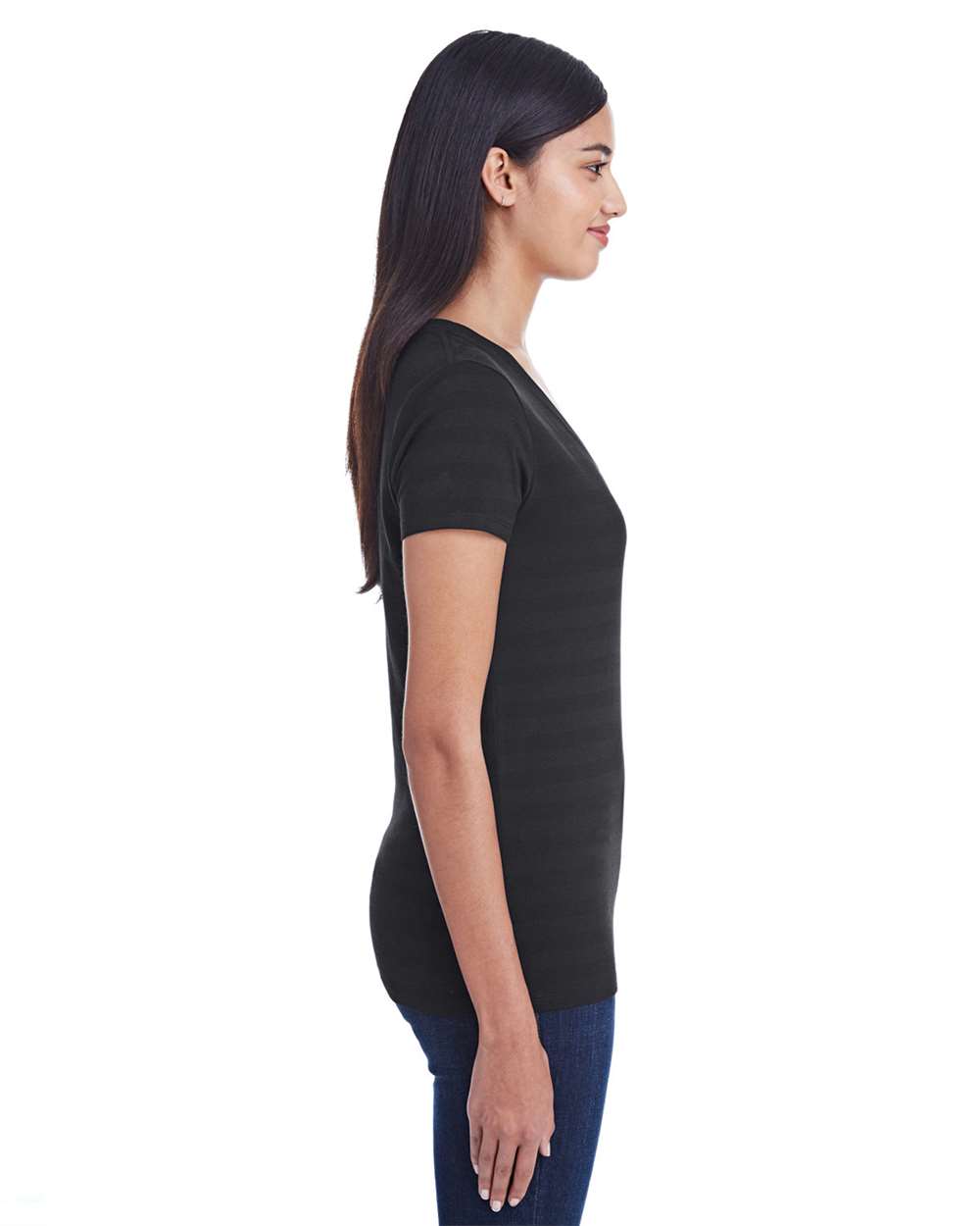 Women's Invisible Stripe V-Neck T-Shirt - OnModelSide - B784E0503 - Black Invisible Stripe