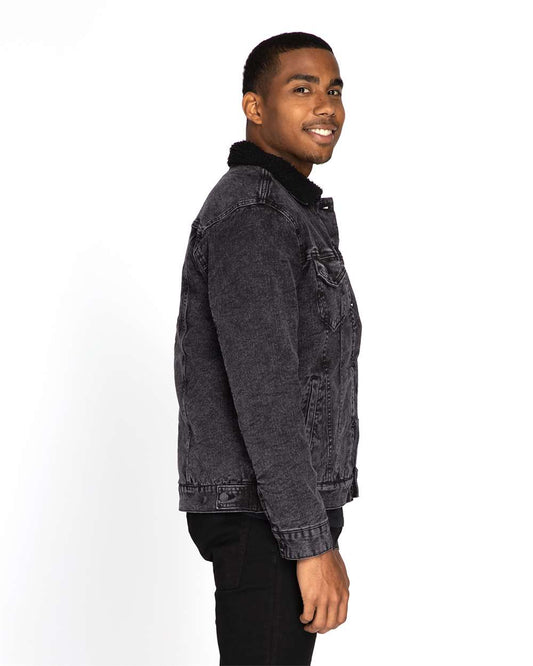 Unisex Sherpa-Lined Denim Jacket - OnModelSide - B796E0652 - Black Denim/ Black