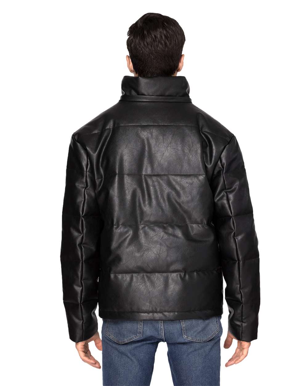 Unisex Vegan Leather Puffer Jacket - OnModelBack - B803E0502 - Black Vegan Leather