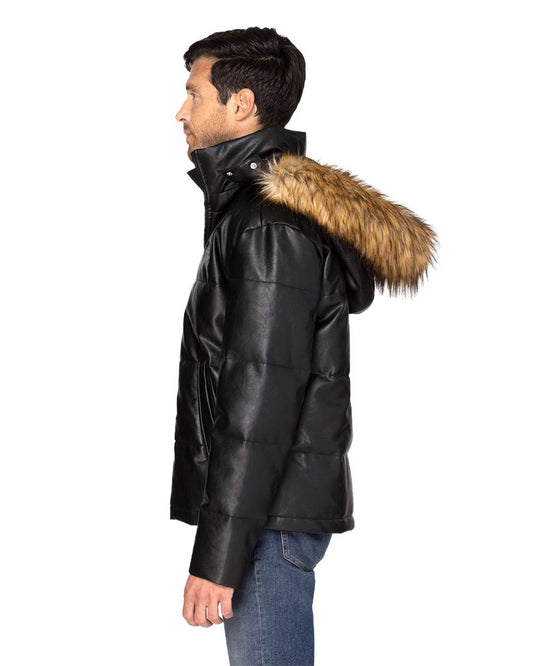 Unisex Vegan Leather Puffer Jacket - OnModelSide - B803E0502 - Black Vegan Leather