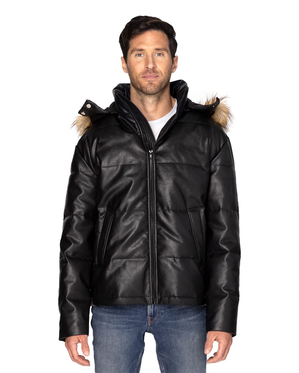 Unisex Vegan Leather Puffer Jacket - styleImage