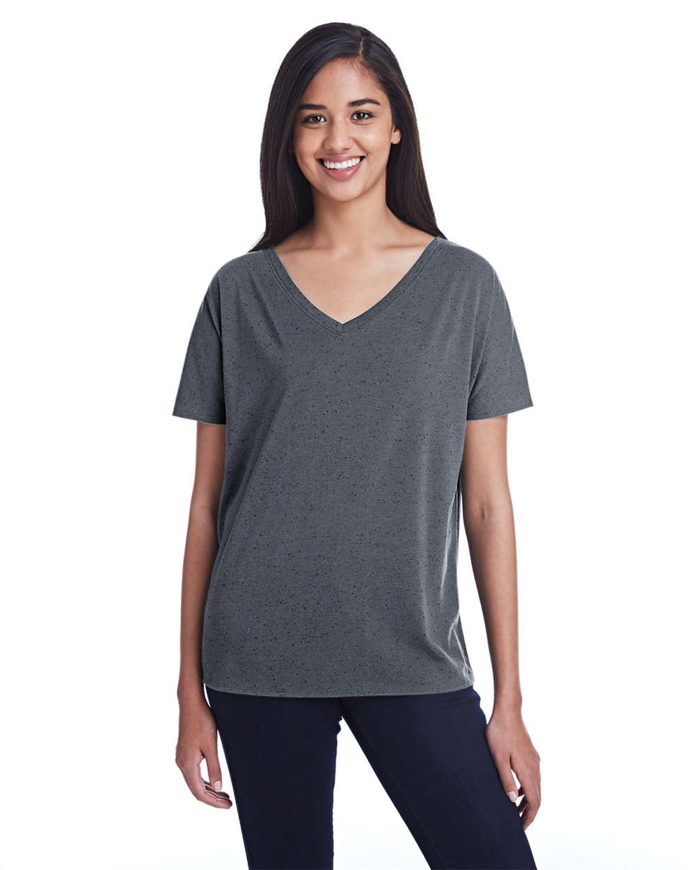 Women's Tri-Blend Fleck V-Neck T-Shirt - OnModelFront - B864E0096 - Charcoal Fleck